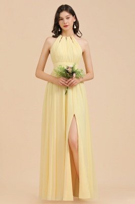 Elegant Daffodil Halter Pleated Chiffon Bridesmaid Dress Side Slit Long Evening Dress