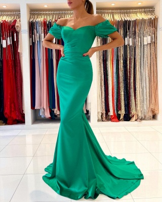 Off the Shoulder Satin Ruffle Slim Mermaid Evening Gown_4