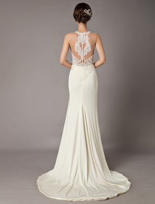 Wedding Dresses Ivory Lace Sleeveless Illusion Sheath Column Bridal Gowns With Train_7