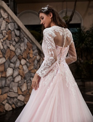 Customize Wedding Dress With Train A-Line Long Sleeves Satin Fabric Jewel Neck Bridal Gowns_5