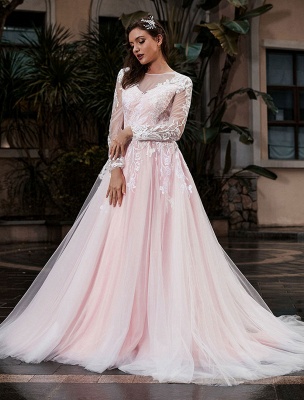 Customize Wedding Dress With Train A-Line Long Sleeves Satin Fabric Jewel Neck Bridal Gowns_1