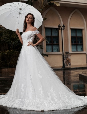 Princess Wedding Dress Off-The-Shoulder Short Sleeves Natural Waist With Train Bridal Dresses_2