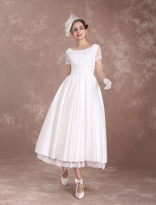 Vintage Wedding Dress Short Sleeve 1950'S Bridal Dress Backless Polka Dot Lace Trim Ivory Wedding Reception Dress Exclusive_1