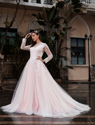 Customize Wedding Dress With Train A-Line Long Sleeves Satin Fabric Jewel Neck Bridal Gowns_2