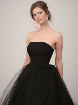 Black Wedding Dresses A-Line Strapless Pleated Taffeta Tulle Chapel Train Bridal Dress_2