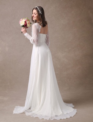 White Wedding Dresses Long Sleeve Lace Chiffon Beading Sash Illusion Beach Bridal Dress With Train Exclusive_8