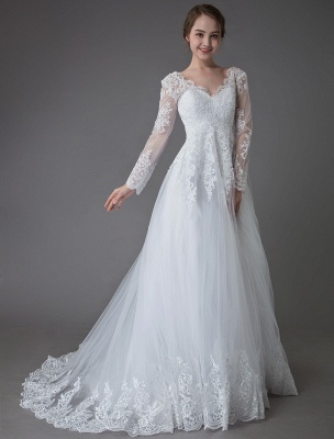 Lace Wedding Dresses Ball Gown V Neck Long Sleeve Backless Princess Bridal Dress Exclusive_6