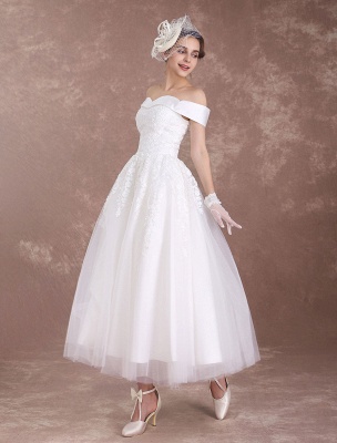 Short Wedding Dresses Off The Shoulder Vintage Bridal Dress 1950'S Lace Applique Tulle Tea Length Ivory Wedding Reception Dress Exclusive_6