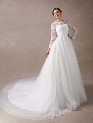 Wedding Dresses Princess Ball Gowns Ivory Long Sleeve Lace Applique Beading Chapel Train Bridal Dress Exclusive_6