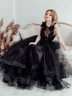 Black Bridal Dress A-Line Illusion Neckline Sleeveless Backless Applique Floor-Length Lace Tulle Bridal Gowns_7