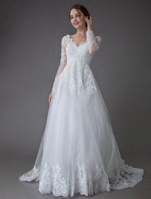 Robes de mariée en dentelle robe de bal col en V manches longues robe de mariée princesse dos nu exclusif_5