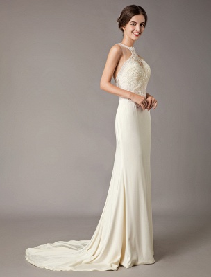 Wedding Dresses Ivory Lace Sleeveless Illusion Sheath Column Bridal Gowns With Train_6