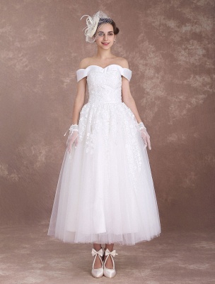 Kurze Brautkleider Schulterfrei Vintage Brautkleid 50er Jahre Spitze Applique Tüll Tee Länge Elfenbein Hochzeitskleid Exklusiv Wedding_2