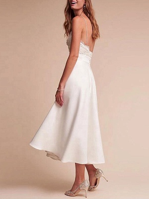 Short Wedding Dress V Neck Sleeveless A Line Tea Length Straps Bridal Gowns_2