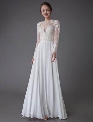 Boho Wedding Dresses Chiffon Jewel Long Sleeve Pleated A Line Beach Bridal Gowns Exclusive_3