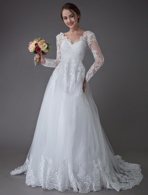 Lace Wedding Dresses Ball Gown V Neck Long Sleeve Backless Princess Bridal Dress Exclusive_3