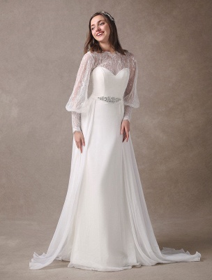 White Wedding Dresses Long Sleeve Lace Chiffon Beading Sash Illusion Beach Bridal Dress With Train Exclusive_3