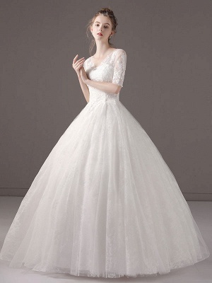 Wedding Dresses Princess Ball Gown Ivory Half Sleeve V Neck Lace Beaded Floor Length Bridal Dress_2