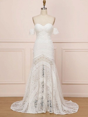 White Lace Wedding Dress Floor Length Sheath Sleeveless Lace Sweetheart Neck Bridal Dresses Train Dress_3