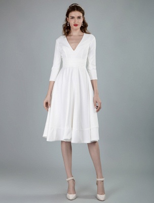 Short Wedding Dresses V Neck 3/4 Length Sleeves A-Line Knee Length Bridal Dress Exclusive_7