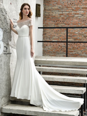 Wedding Dress Short Sleeves Illusion Neck Beaded Mermaid Bridal Gowns_4