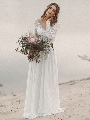 Vestido de novia simple Una línea Cuello en V Manga larga Hasta el suelo Gasa Encaje Vestidos de novia en la playa_1