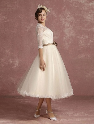 Vintage Wedding Dress Short Lace Tulle Bridal Dress Half Sleeve V Neck Backless A Line Flower Sash Tea Length Bridal Gown Exclusive_7