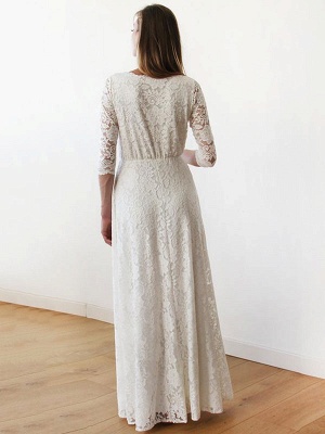 Wedding Dress Floor-Length A-Line 3/4 Length Sleeves V-Neck Lace Bridal Gowns_2