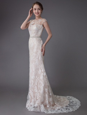 Robe de mariée en dentelle Champagne bijou sans manches dos nu robe de mariée sirène plage avec train exclusif_5