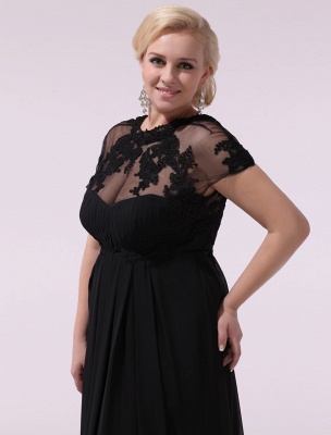 Schwarze Ballkleider Plus Size Abendkleid Chiffon Spitze Applique Illusion Kurze Ärmel Bodenlangen Hochzeitsgast Kleid Exklusiv_10