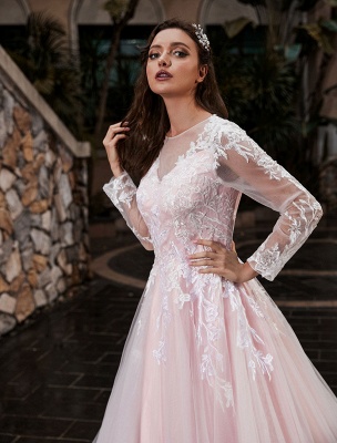 Customize Wedding Dress With Train A-Line Long Sleeves Satin Fabric Jewel Neck Bridal Gowns_4