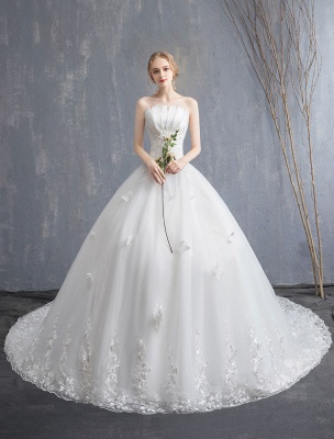 Lace Wedding Dresses Ivory Strapless Sleeveless Applique Princess Bridal Gown With Train_4