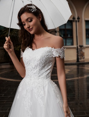 Princess Wedding Dress Off-The-Shoulder Short Sleeves Natural Waist With Train Bridal Dresses_5