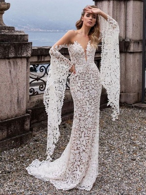 Lace Wedding Dress Mermaid Wedding Dress V Neck Long Sleeve Sexy Bridal Dresses_4