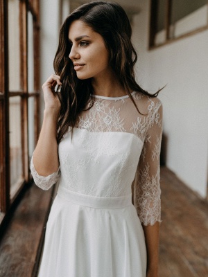 White Simple Wedding Dress Lace Jewel Neck Half Sleeves Backless A-Line Lace Chiffon Long Bridal Gowns_3