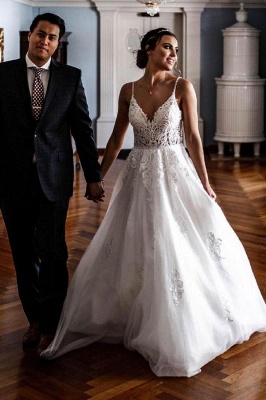 Simple A-line Wedding Dresses White V-neck Tulle Lace Appliques Bridal Dress_1