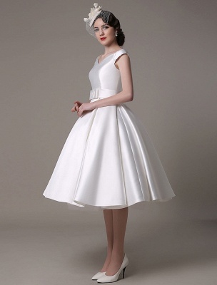 Ivory Wedding Dresses 2021 Short Satin Knee Length Bow Sash Retro Bridal Dress Exclusive_2
