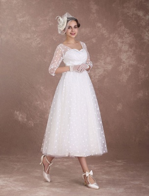 Vintage Wedding Dress Short 1950'S Bridal Dresses Ivory Long Sleeve Open Back Polka Dot Ribbon Sash Wedding Reception Dress Exclusive_6