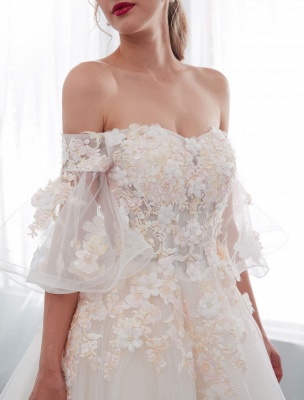 Vestidos de novia de princesa Media manga con hombros descubiertos Encaje Flores Perlas Apliques Vestido de novia de marfil con tren_9