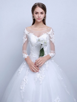 Robes de mariée princesse robe de bal à manches longues dentelle illusion ivoire longueur de plancher robe de mariée_4