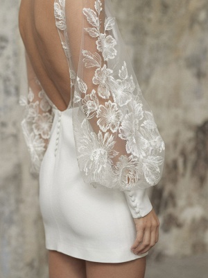 Weiße Kurze Brautkleider V-Ausschnitt Lange Ärmel Backless Etui Ausschnitte Spitze Brautkleider_6