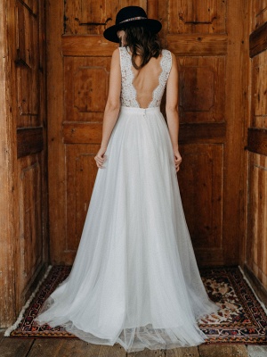 Simple Wedding Dress A-Line Bridal Dresses V-Neck Backless Sleeveless Bridal Gowns_5