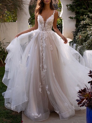 Wedding Dresses A Line V Neck Sleeveless Lace Appliqued Bridal Gowns With Train_1