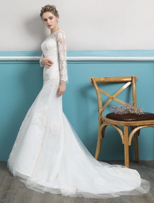 Mermaid Wedding Dresses Long Sleeve Ivory Lace Illusion Train Bridal Gowns_3