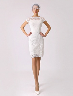 Short Simple Wedding Dresses 2021 Lace Illusion Short Sleeve Sheath Column Reception Dress For Bride Exclusive_3