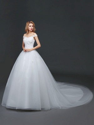 Princess Wedding Dresses Off The Shoulder Lace 3D Flowers Applique Tulle Ivory Long Train Bridal Gown_3