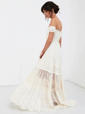Boho Wedding Dress 2021 Lace Off The Shoulder A Line Floor Length Lace Bridal Gown_8