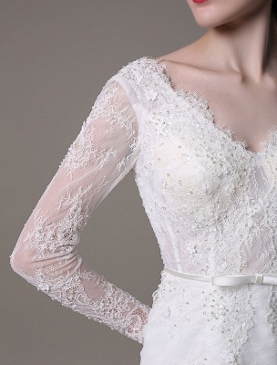 2021 Vintage Lace Wedding Dress A-Line With Long Sleeves Pearls Applique And Chapel Train_6