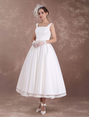 White Wedding Dresses Short Vintage Bridal Dress 1950'S Satin Straps Bow Sash Tea Length Rockabilly Wedding Reception Dress Exclusive_4