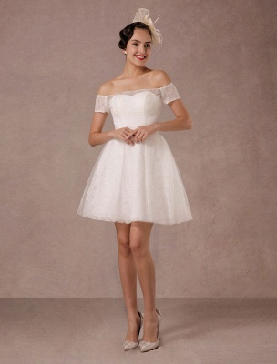 Vestido de novia corto de encaje fuera del hombro Mini vestido de novia vintage de una línea_4
